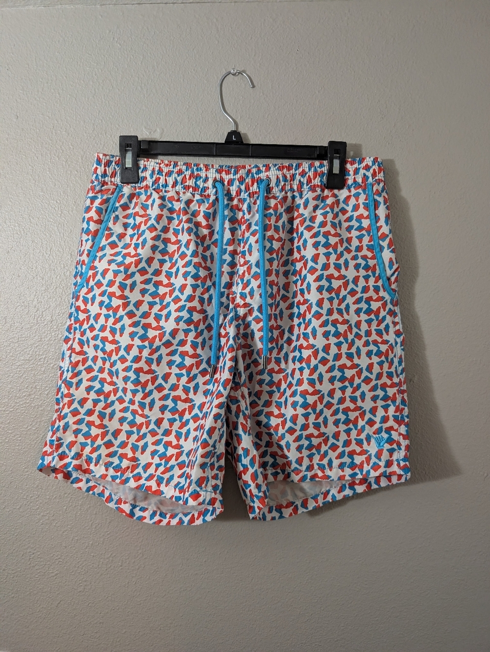 Beach Bros Lined Men's Printed Swim Trunks in White with Blue & Red Accents